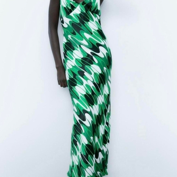 Zara Dresses & Skirts - Zara Satin Printed Camisole Green and White Wave Maxi Dress Size S
